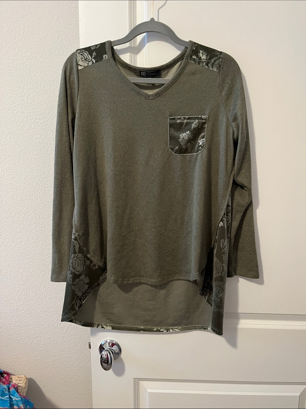 Long Sleeve Olive Green V-Neck Top with Floral Accents